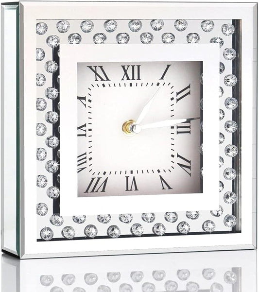 Silent Desk Clocks 8x8x2 Inch Crystal Sparkle Twinkle Bling Square Mirrored Table Top Decorative Clock With Diamond for Home Decoration Silver Mirror Home Decor. AA Battery is not included.