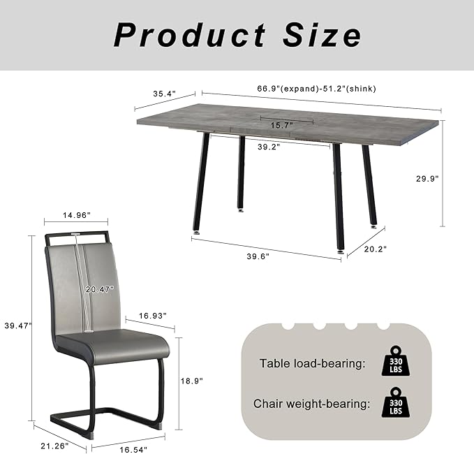 5 Piece Dining Table Set for 4-6,55-71" Extendable Dining Table Set with 4 Upholstered Chairs,Rectangle Kitchen Table Set for Small Space,Dining Room and Office,Grey