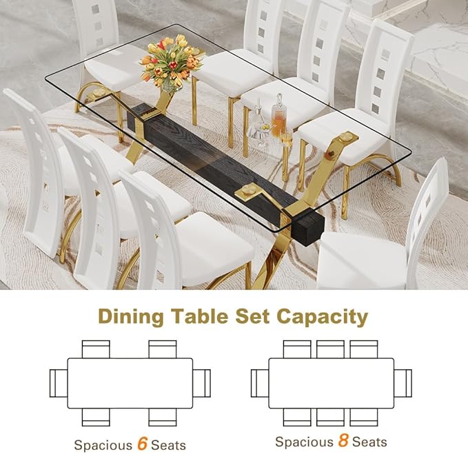 71'' Glass Dining Table Set for 8,9 Piece Dining Table Set with Open‑Frame X‑Shaped Golden Metal Base,Gold Kitchen Table and Chairs Ideal for Dining Room&Home Office