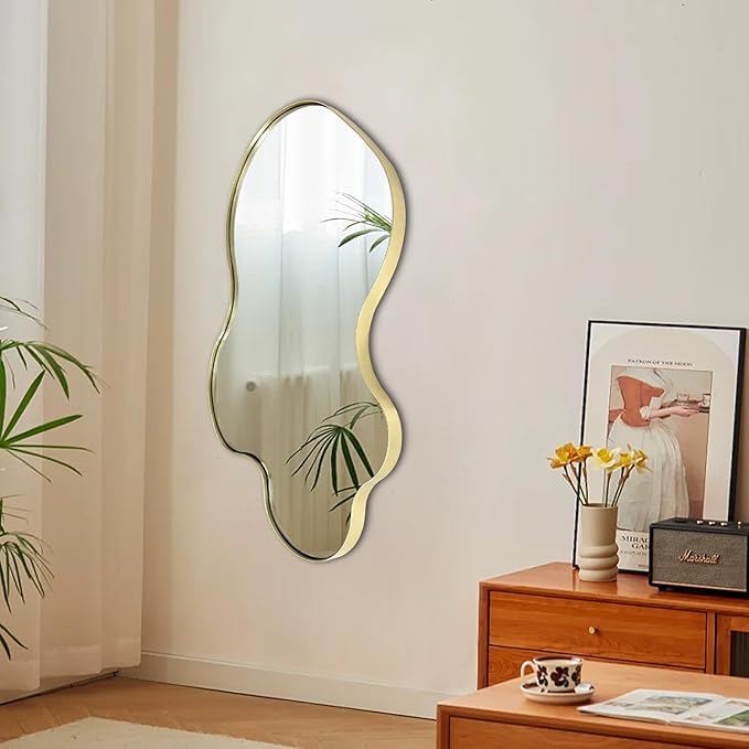 Gold Scalloped Mirror, Irregular Shaped Mirror, 30"x18" Asymmetrical Wall Mirrors Decorative, Wavy Oval Mirrors for Living Room Bathroom Bedroom Hallway Entryway Fireplace