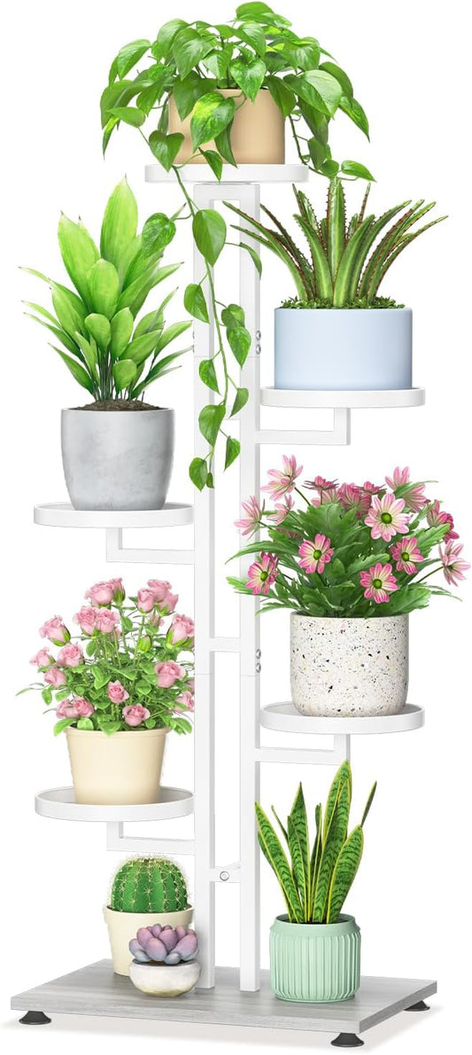 LASZOLA White 5 Tiered Plant Stand Indoors Heavy Duty Metal Rack, Sturdy Multi Level Shleving Hold Flowers, Larger House Decorate Ladder for Planting Inside Tree Herb Cactus, Wooden Base, Space Saving