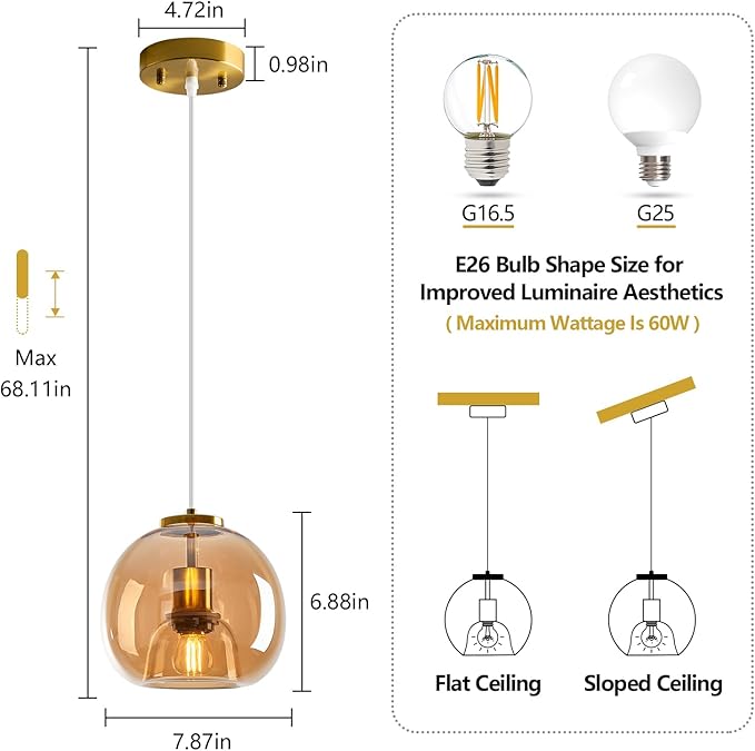 Amber Glass Pendant Lights Kitchen Island Gold Hanging Light Fixture Glass Globe Pendant Light Modern Pendant Lighting for Kitchen Island Bedroom Dining Room (7.87", 3 Pack)