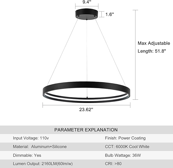 Modern Led Chandeliers Black, Dimmable Contemporary LED Chandeliers 1 Ring, Hanging Led Modern Pendant Light Fixture for Living Room Kitchen lsland Dining Room Foyer Office Entryway 6000k