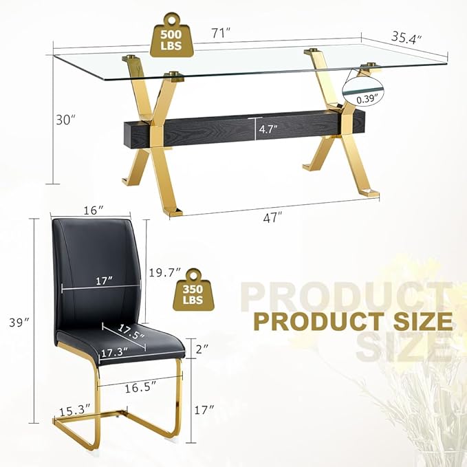 71'' Modern Dining Table Set for 6,7 Piece Glass Dining Table Set with Open‑Frame X‑Shaped Golden Metal Base,Gold Kitchen Table and Chairs Ideal for Dining Room&Home Office