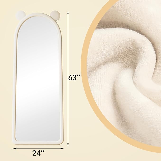 Full Length Mirror, Arched Wavy Floor Mirror with Stand, 63"x24" Wall Mirror Full Length, Freestanding Mirrors Hanging or Leaning, Large Body Mirrors with Flannel Frame for Bedroom (Ear White)