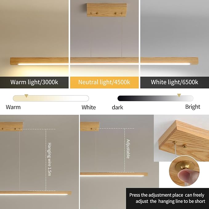 Wooden Linear Pendant Light, 39" Modern Chandeliers for Dining Room, Dimmable Pool Table Island Lights for Kitchen, LED Ceiling Pendant Lamp for Dining Room Billiard Room, Natural Ash