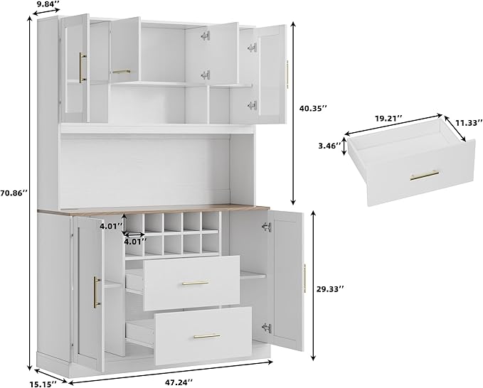 71” Kitchen Pantry Storage Cabinet with Microwave Stand, Freestanding Kitchen Hutch Cabinet with 10 Wine Racks, 5 Cabinets & 2 Drawers, 6 Doors Modern Food Pantry Coffee Bar Hutch White