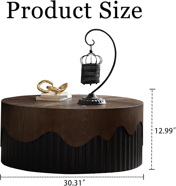 Round Coffee Table, 30.31" Circle Accent End Table, Morden Drum Side Table, Fluted Wooden Center Table for Living Room, Fully Assembled - Walnut and Black