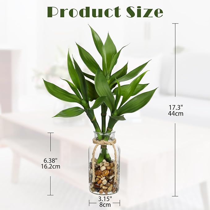 Artificial Lucky Bamboo Plant 17.3 Fake Plant in Glass Vase for Home Indoor Table Centerpieces Desk Office Living Room Bedroom Decoration