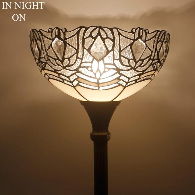 WERFACTORY Tiffany Floor Lamp White Crystal Stained Glass Light 12X12X71 Inches Pole Torchiere Standing Corner Torch Uplight Decor Bedroom Living Room Home Office S508W Series