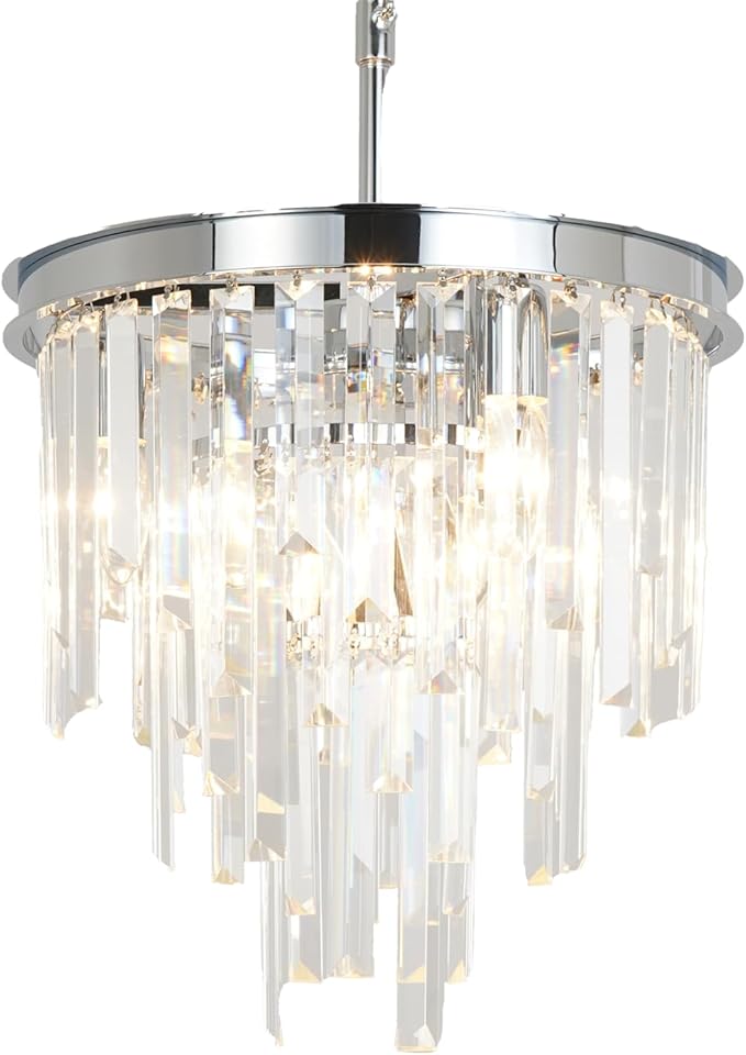 13.8'' Modern Crystal Chandelier, Chrome Round Ceiling Light with Clear Prisms, Luxury Flush Mount Lighting Fixture for Dining Room Bedroom Foyer