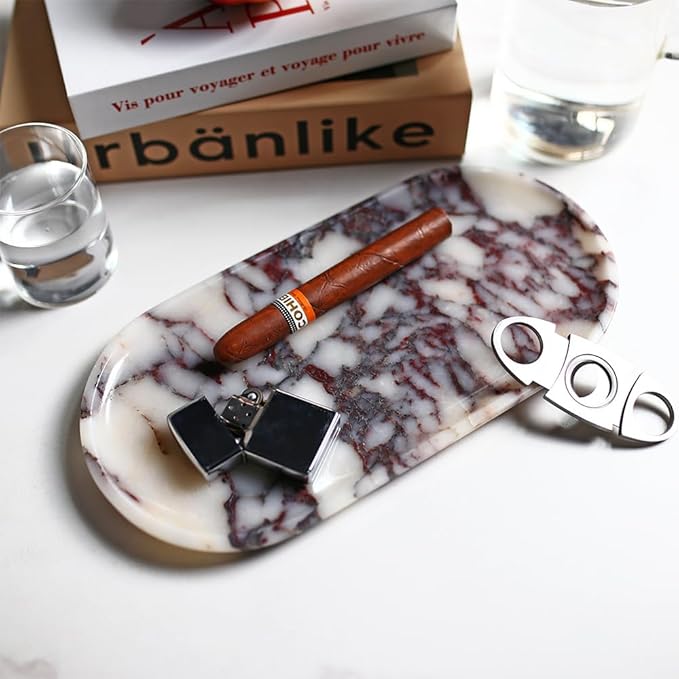 Natural Marble Tray, Coffee Table, Food, Fruit, Paper Cup, Cake Display, Coffee bar, Family Gatherings, Seasonal Holiday Decoration Tray(Viola-oval-11 x5 x0.7)