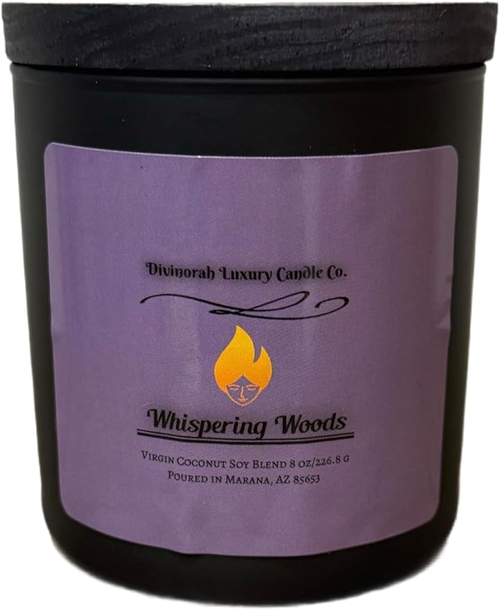 Divinorah Luxury Candle Co. Whispering Woods Scented Candle, Black Matte Glass Jar, Virgin Coconut Soy Blend, 8 oz, Fall Collection, Natural Fragrance