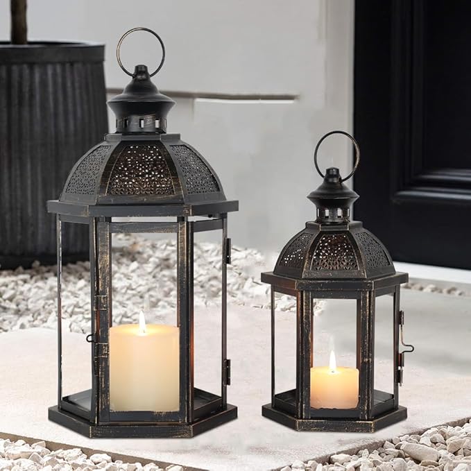 DECORKEY Large Lantern Decorative Outdoor & Indoor, Set of 2 (15’’&11’’) Metal Candle Lanterns Decor, Vintage Hanging Candle Holder for Front Porch Patio Wedding Farmhouse Home, Spring Decoration