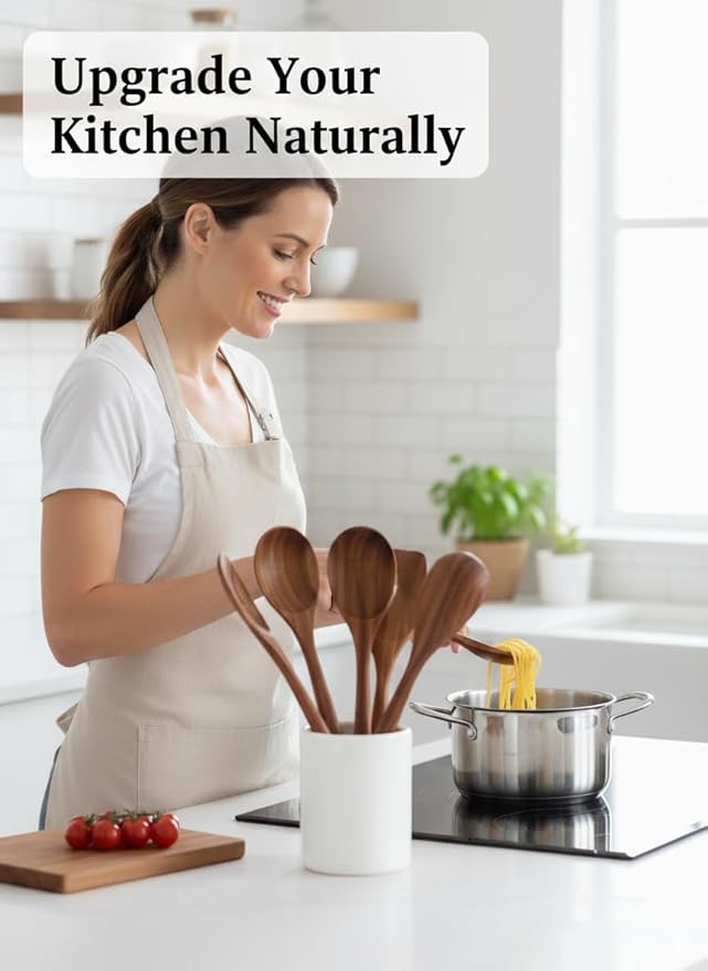100% Natural Teak Wood Wooden Utensil Set – Non-Stick & Heat Resistant – 6 Pcs Durable Kitchen Spoons for Cooking, Eco-Friendly & Comfortable Grip