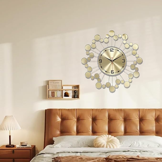 Wall Clock 22.8 Inch Silver Starburst - Silent Non-Ticking Battery Operated Large Round Sunburst Clock for Living Room, Bedroom, Kitchen, Office - Elegant Home Decor Wall Watch