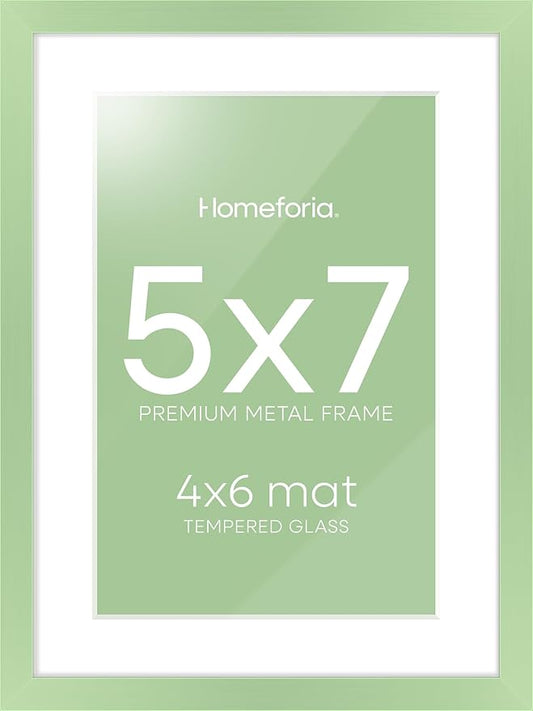 Homeforia 5x7 Picture Frame Sage Green, High End Metal 5 x 7 Frames with Mat 4 x 6 for Photo, 5by7 Desk Frame Matted to 4x6 inch Art, 5 by 7 Wall or Tabletop Frames, Tempered Glass, Wall Kit, Set of 1