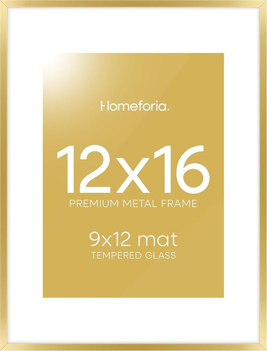Homeforia 12x16 Picture Frame Gold, High End Metal 12x16 Poster Frames with Mat 9x12 for Photo, 12 x 16 Gold Frame Matted to 9 by 12 Print, 16x12 Thin Hanging Frame, Tempered Glass, Wall Kit, Set of 1