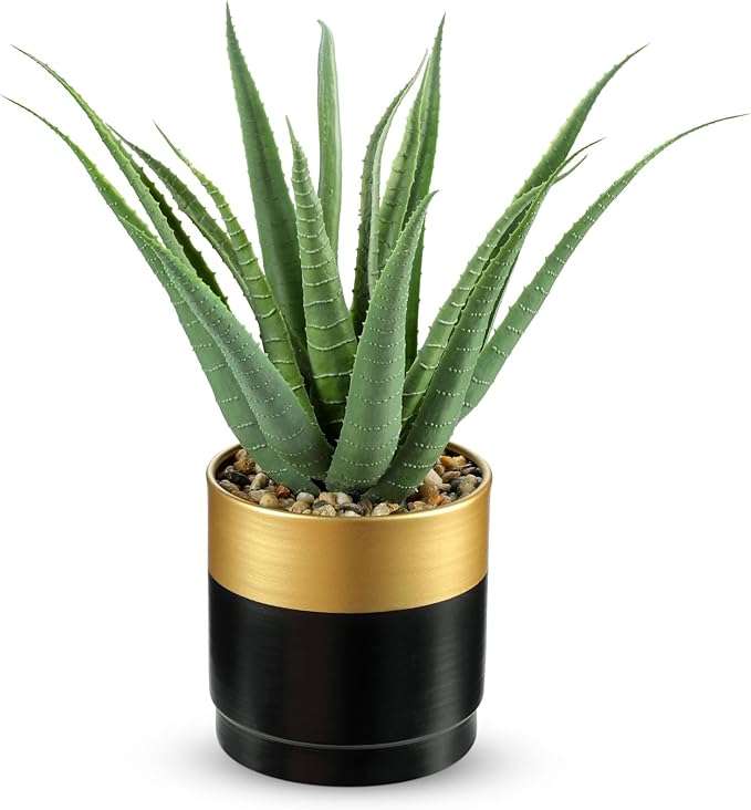 Briful Succulents Artificial Plants Realistic Agave Plant, Gold Black Metal Pot, Farmhouse Aloe Vera Fake Plants for Home Office Desk Bathroom Shelf Decorations