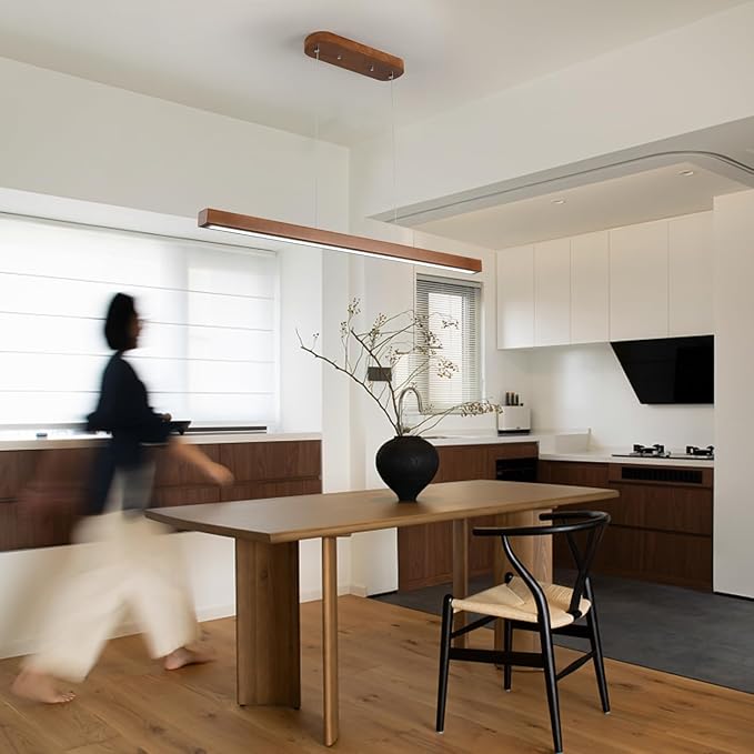 47 Inch Wood Linear Pendant Light Dimmable LED Kitchen Island Lighting with Remote Adjustable Hanging Chandelier for Dining Room Bar Pool Table 30W Modern Farmhouse Fixture Walnut Color