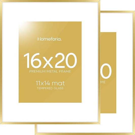 Homeforia 16 x 20 Picture Frame Gold, High End Metal 16x20 Poster Frames with Mat 11x14 Photo, 16 x 20 Gold Frame Matted to 11 by 14 Print, 20x16 Thin Hanging Frame, Tempered Glass, Wall Kit, Set of 2