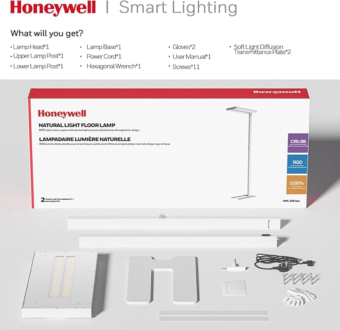 Honeywell LED Floor Lamp Modern - 02E GEN Sunturalux Eye Caring Tall Standing Light, 8000LM 4000K Natural Daylight Dimmable Reading Lampara for Home Office Living Room Bedroom