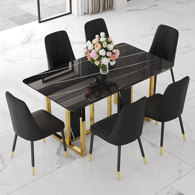 TesNus 63" Black Dining Table Set for 6 with Chairs,Modern Faux Marble Rectangular Kitchen Table and Chairs Set Luxury 7 Piece Dining Room Set with Gold Metal Legs,Easy Assemble,Stable Base
