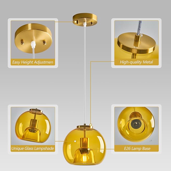 Yellow Glass Pendant Lights Kitchen Island Gold Hanging Light Fixture Glass Globe Pendant Light Modern Pendant Lighting for Kitchen Island Bedroom Dining Room (7.87", 1 Pack)