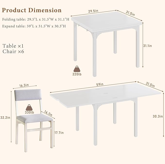 7-Piece Dining Table Set for 4-6, Extendable Kitchen Table Cushion Chairs Set of 6 with 6 Chairs, Rectangle Dining Table with Metal Frame & MDF Board, Folding for Small Apartment Saving Space, White