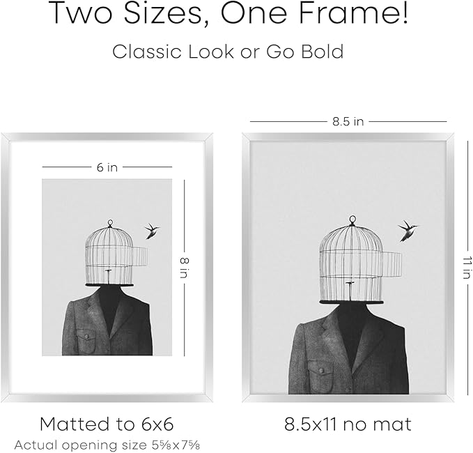 Homeforia 8.5x11 Picture Frame Silver, High End Metal 8.5 x 11 Poster Frames with Mat 6 by 8 Photo, 11x8.5 Frame Matted to 6x8 Print, 8.5by11 Wall or Tabletop Frame, Tempered Glass, Wall Kit, Set of 3