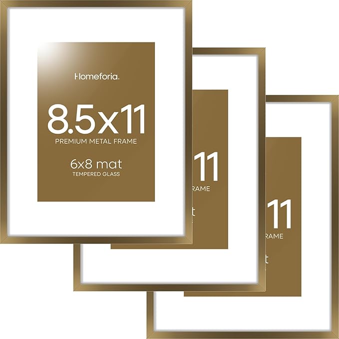 Homeforia 8.5x11 Picture Frame Bronze, High End Metal Brass Frame 8.5 x 11 with Mat 6 by 8 Photo, 11x8.5 Frames Matted to 6x8 Print, 8.5by11 Wall or Tabletop Frames, Tempered Glass, Wall Kit, Set of 3