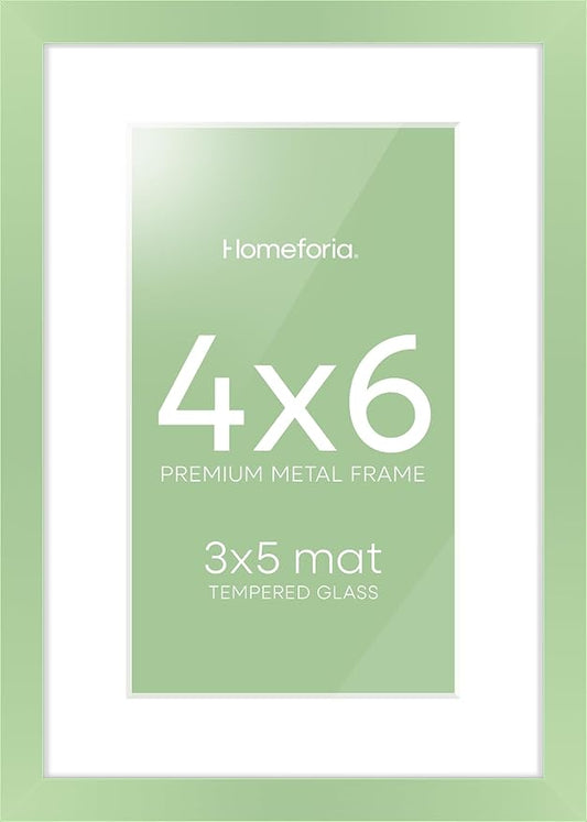 Homeforia Sage Green 4x6 Picture Frame, High End Metal 4 x 6 Frames with Mat 3 x 5 for Print, 4by6 Desk Frame Matted to 3x5 in Photo, 4 by 6 Wall or Tabletop Frames, Tempered Glass, Wall Kit, Set of 1