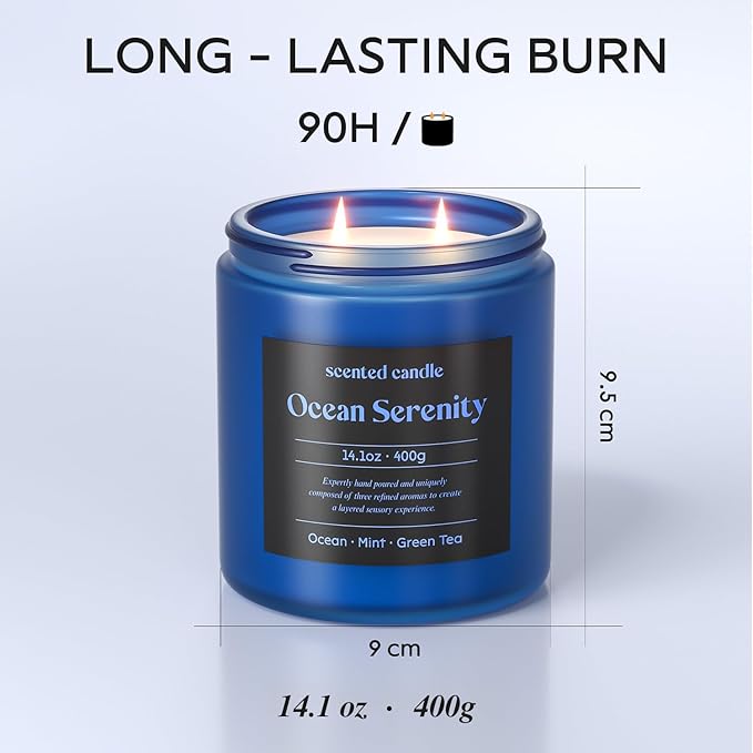 Scented Candles, 14.1 oz Scented Candles for Home, 2 Wicks Blended Scents Aromatherapy Candles for Women and Men, Birthday Gifts for Women (Ocean+Mint+Green Tea)