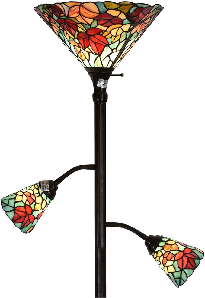 Bieye L10884 Maple Tree Leaves Tiffany Style Stained Glass Torchiere Floor Lamp with Sidelights for Reading Home Decor, 70-inches Tall (Maple Leaf, Red)