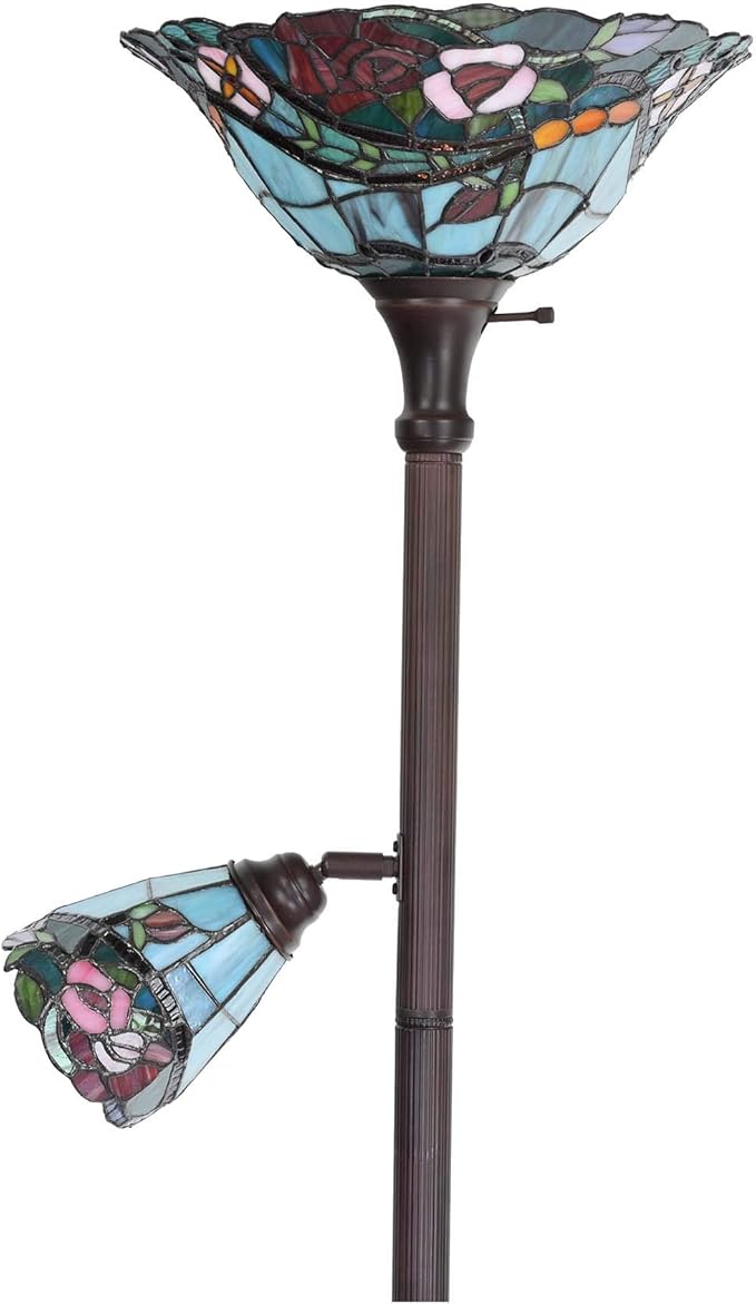 Bieye L10739 Rose Flower Tiffany Style Stained Glass Torchiere Floor Lamp with Sidelights for Reading Home Decor, 70-inch Tall