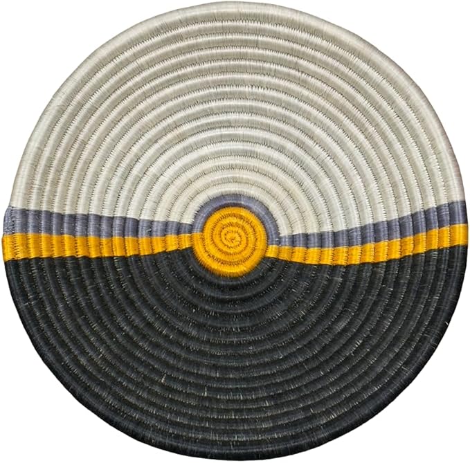 Handwoven African Basket Handmade sisal Fruit Bowl Wall Hanging decorative Baskets for Home Living Room Kitchen Centerpiece Zen Designs Arts and Crafts (Black Yellow Beige, 10in diameter)