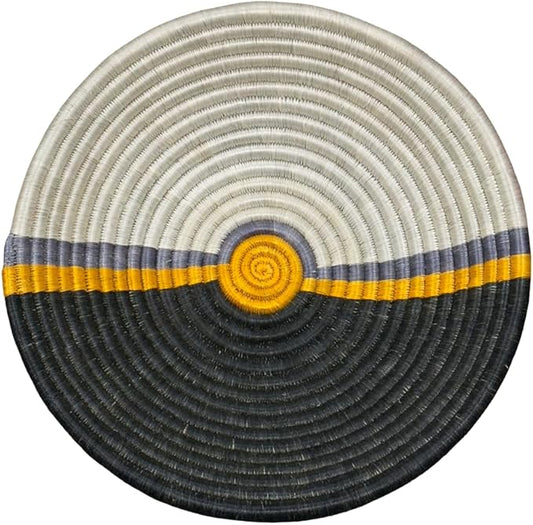 Handwoven African Basket Handmade sisal Fruit Bowl Wall Hanging decorative Baskets for Home Living Room Kitchen Centerpiece Zen Designs Arts and Crafts (Black Yellow Beige, 10in diameter)