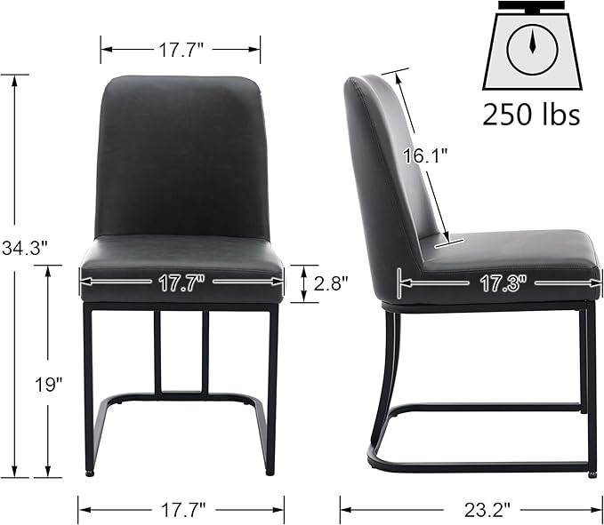 VESCASA Faux Leather Upholstered Dining Chairs with Back, Mid Century Modern Chairs with Black Metal Frame for Dining Room, Restaurant, Kitchen, Set of 2, Charcoal