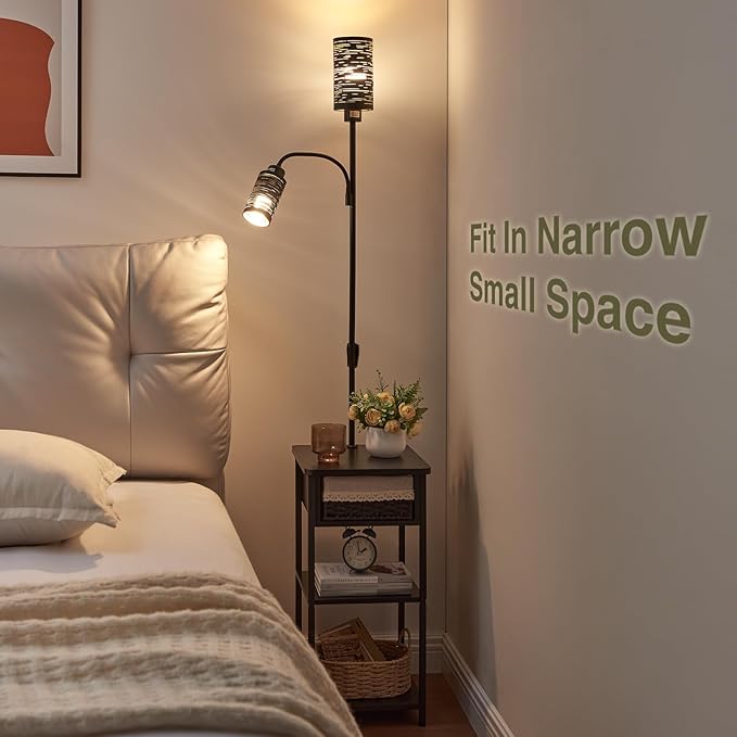 Floor Lamp with End Table, Side Table with Lamp Attached, Bedside Nightstand Light for Small Spaces with Wicker Drawer and Storage Shelf for Living Room, Bedroom, Guest Room, 2 Bulbs Included