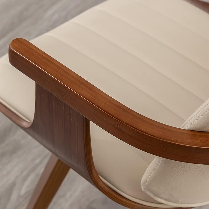 Dining Chairs Set of 2, Mid Century Modern Dining Chairs with Walnut Craftsmanship, Upholstered Faux Leather, Wooden Arms and Legs, Dining Chair with Arms for Kitchen/Living Room (Beige, Swivel)