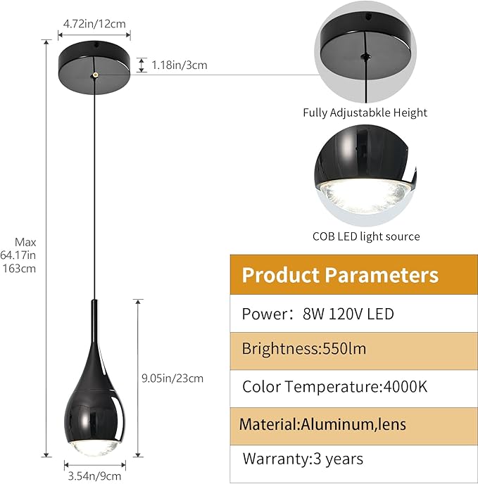 Pendant Lights Kitchen Island, Modern Black Pendant Light fixtures, LED Dimmable Hanging Pendant Lighting for Over Sink,Bar,Dining Room,Bedside,Lens COB 4000K(1-Pack)