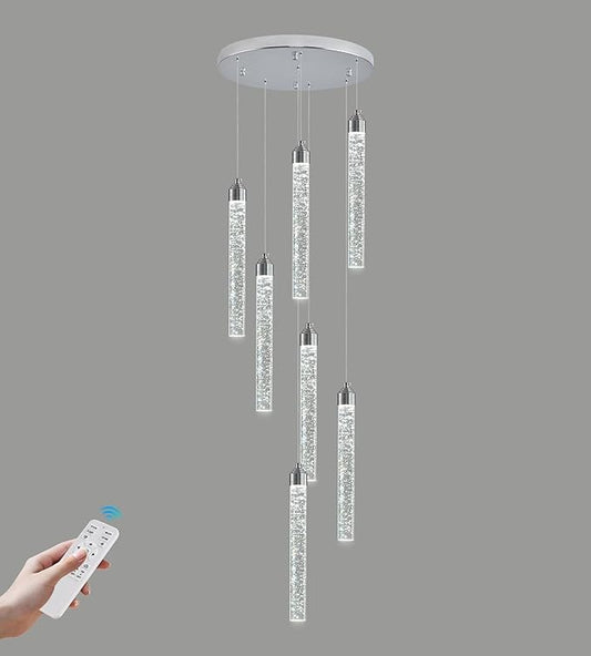 7-Lights High Ceiling Crystal Staircase Chandelier Chrome Pendant Lights Modern Spiral Raindrop Dimmable LED Bubble Cluster Ceiling Hanging Lighting Fixture for Foyer Living Room Remote Control