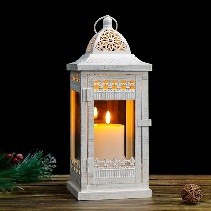 JHY DESIGN 6 Pack Decorative Candle Lanterns 14.5" High Vintage Style Hanging Lantern Metal Candleholder for Indoor Outdoor Events Parties and Weddings（Beige with Gold Brush）