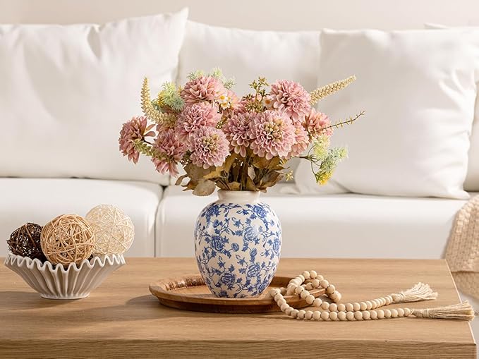 Ceramic Flower Vase, Blue and White Vintage Decorative Vase Chinoiserie Decor Rustic Farmhouse Retro Floral Vases for Table Bookshelf Mantel Kitchen Living Room Office - 7.8inch
