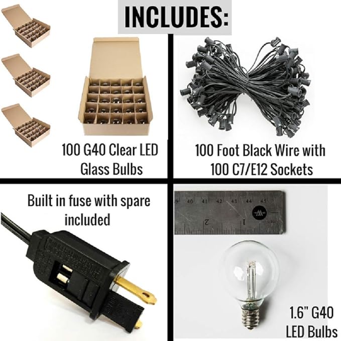 Hometown Evolution, Inc. 100 FT Outdoor LED String Lights - G40 Globe Bulbs (Black Wire) - Outdoor String Lights for Patio, Cafe, Deck, Party & Backyard