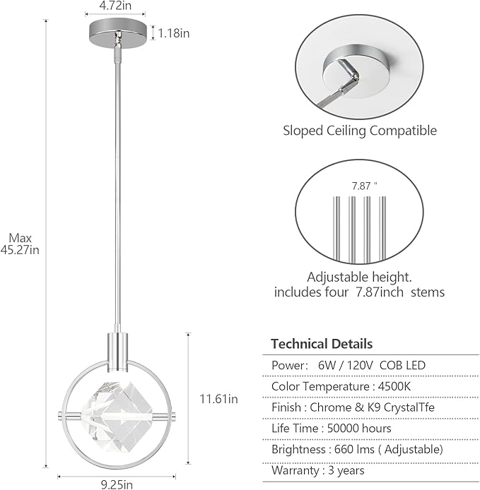 Modern Crystal Pendant Light in Chrome Mini Dimmable Integrated LED Light Fixtures Metal Rod Ceiling Chrome Chandelier for Kitchen Island Bedroom Dining Room Bar(1-Lights)