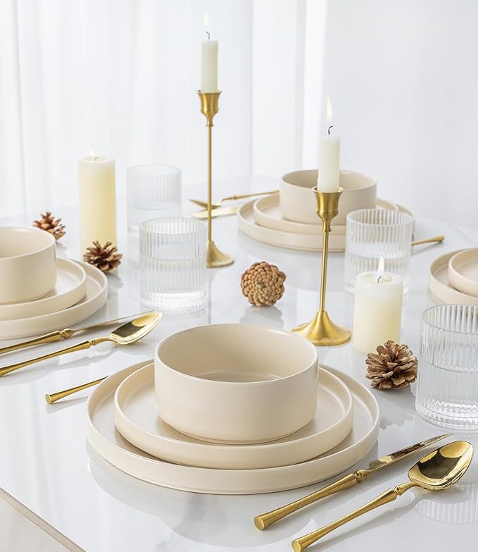 TheTerra Ceramic Dinnerware Sets for 4, 12 Pieces Handmade Reactive Glaze Plates and Bowls Set, Scratch Resistant Dish Set, Oven & Microwave & Dishwasher Safe, Ice Cream