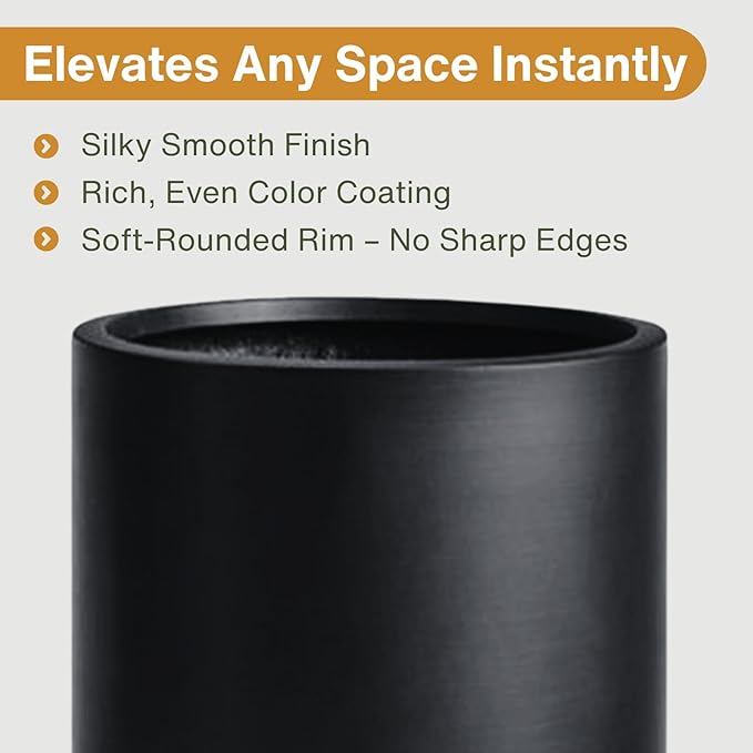 19.5"H x 9.8"D Tubo Fiberstone Cylinder Tall Planter with Drainage Hole, Smooth Finishes, Weather Resistant for Indoor and Outdoor Use, Included 2 Extra Coco Mats (Black, 8.2" Pot Opening)