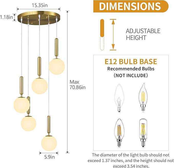 Modern Gold Pendant Light Hanging Fixture Light for Kitchen Island Mid Century with Globe Pendant Light Milk White Glass Pendant Lighting for Living Room Bedroom Entryway (5 Lights)