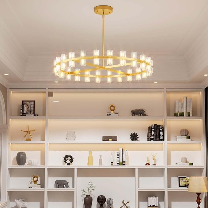 D40 Gold Wagon Wheel Chandelier Modern 40-Lights Gold Round Chandeliers Glass Chandeliers for Dining Room,Living Room Vintage Chandelier